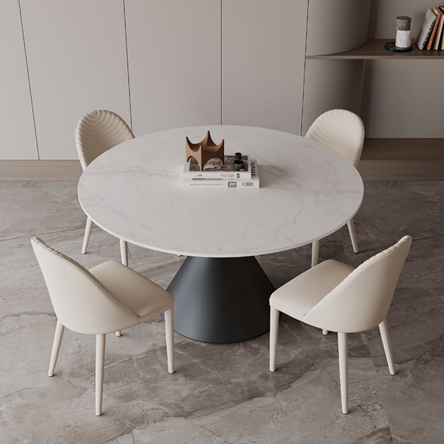 Minimalistic Round Metal Dining Table Sintered Stone Top & Metal Pedestal for 6  yw-170