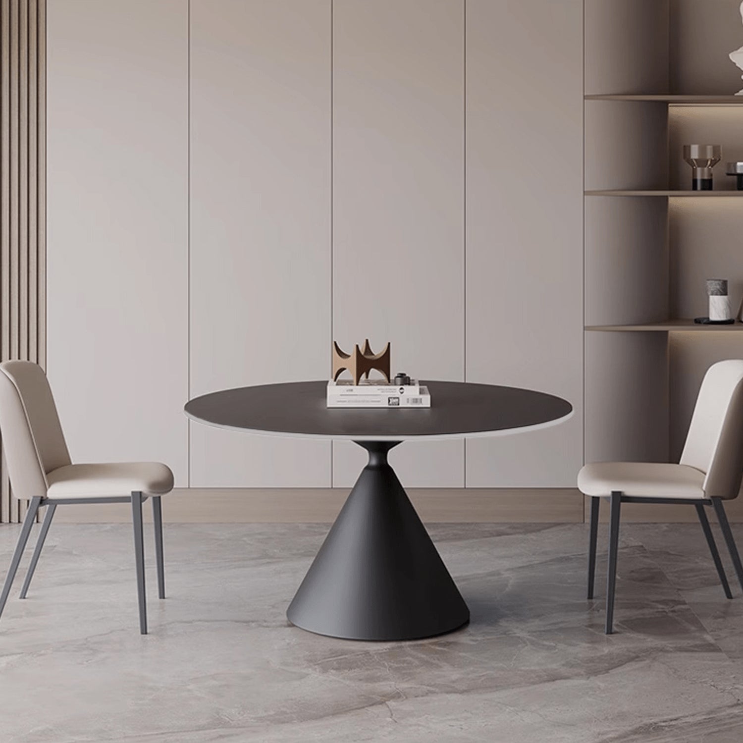 Minimalistic Round Metal Dining Table Sintered Stone Top & Metal Pedestal for 6  yw-170