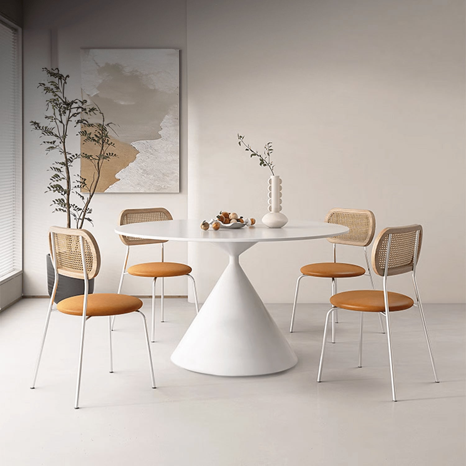 Minimalistic Round Metal Dining Table Sintered Stone Top & Metal Pedestal for 6  yw-170