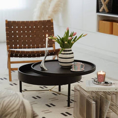 Modern Black Round Coffee Table with Rotatable Desktop - Stylish & Functional yw-179