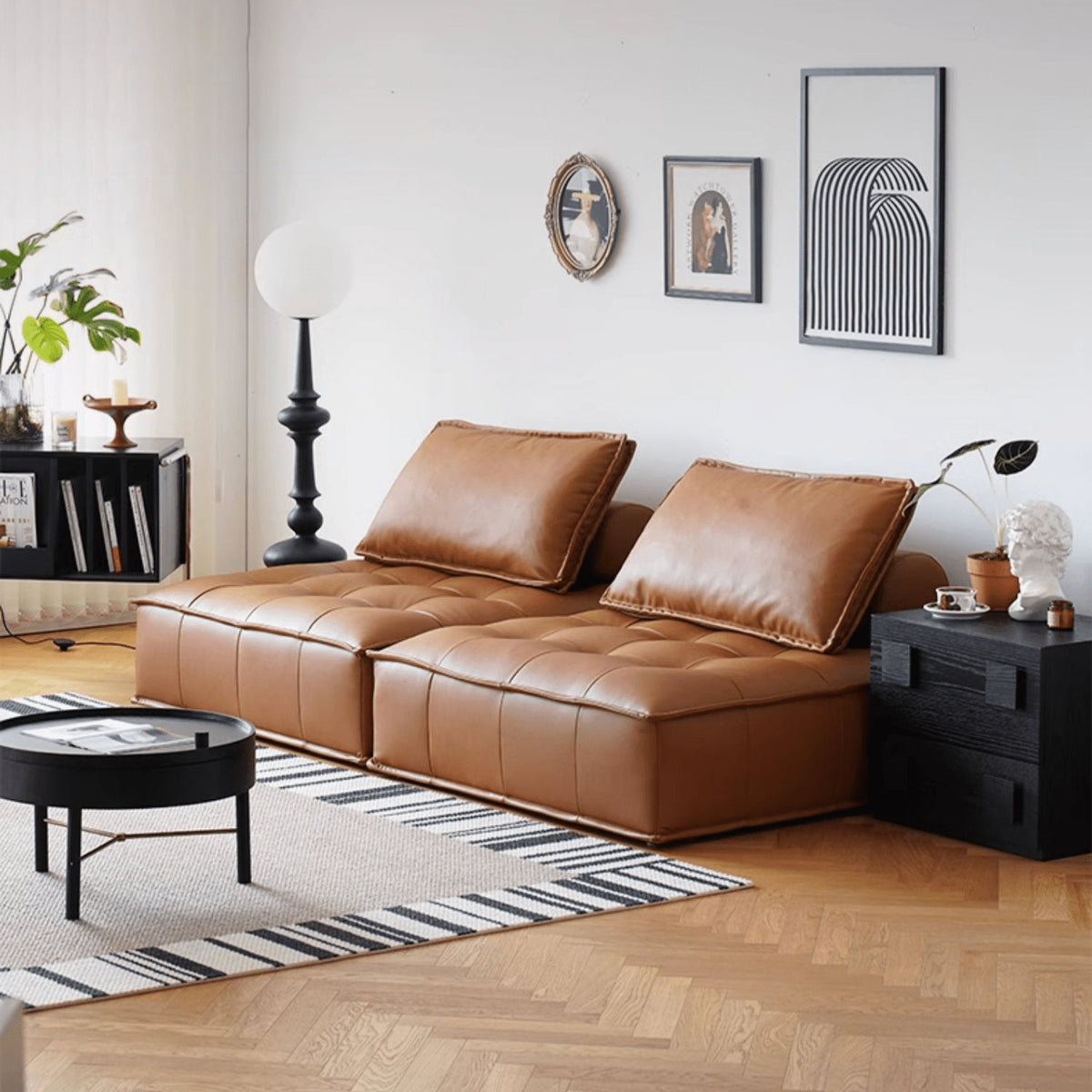 Stylish Modern Sofa in Light Gray and Brown Techno Fabric - Sleek Black Accents yw-181