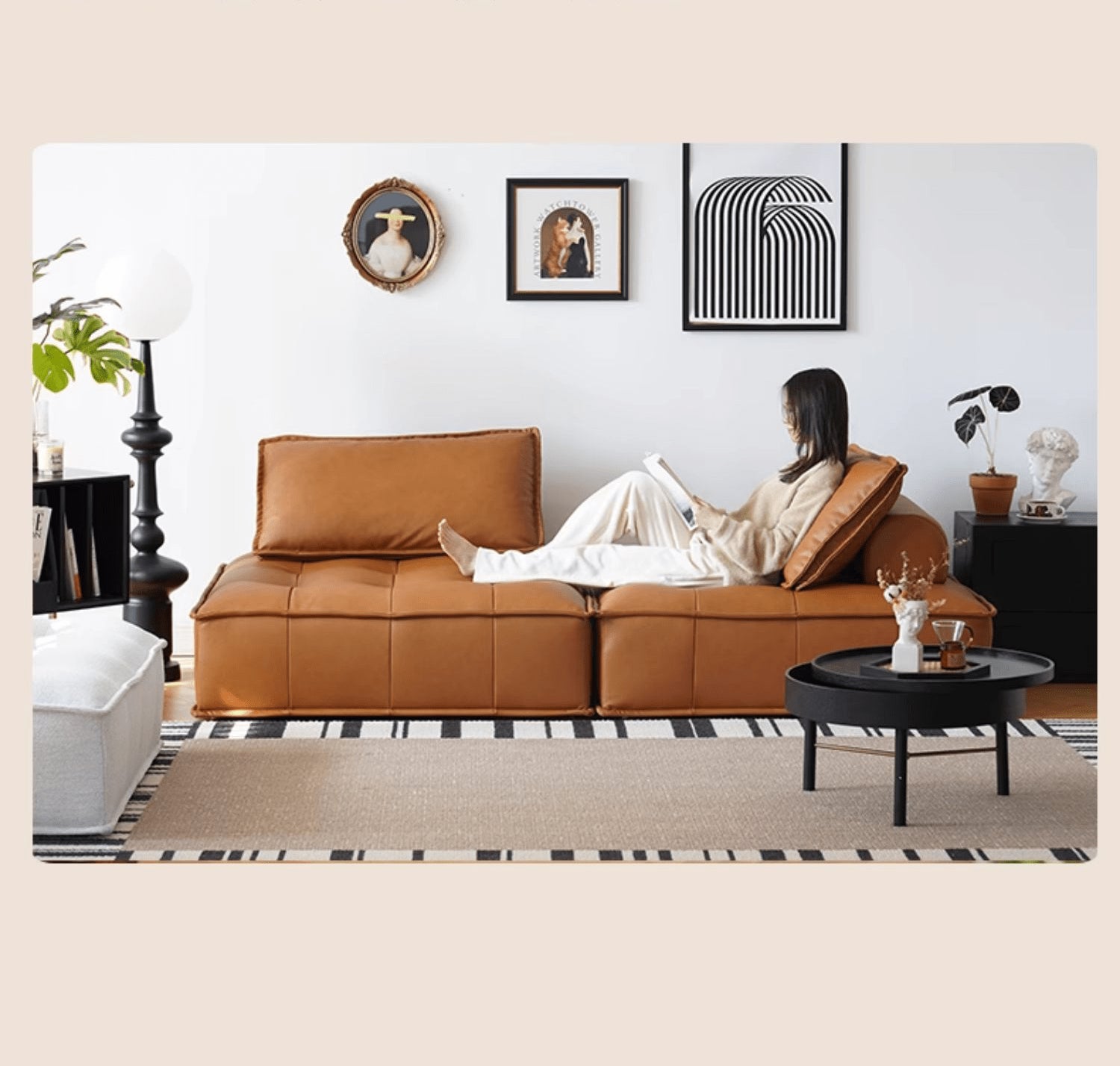 Stylish Modern Sofa in Light Gray and Brown Techno Fabric - Sleek Black Accents yw-181