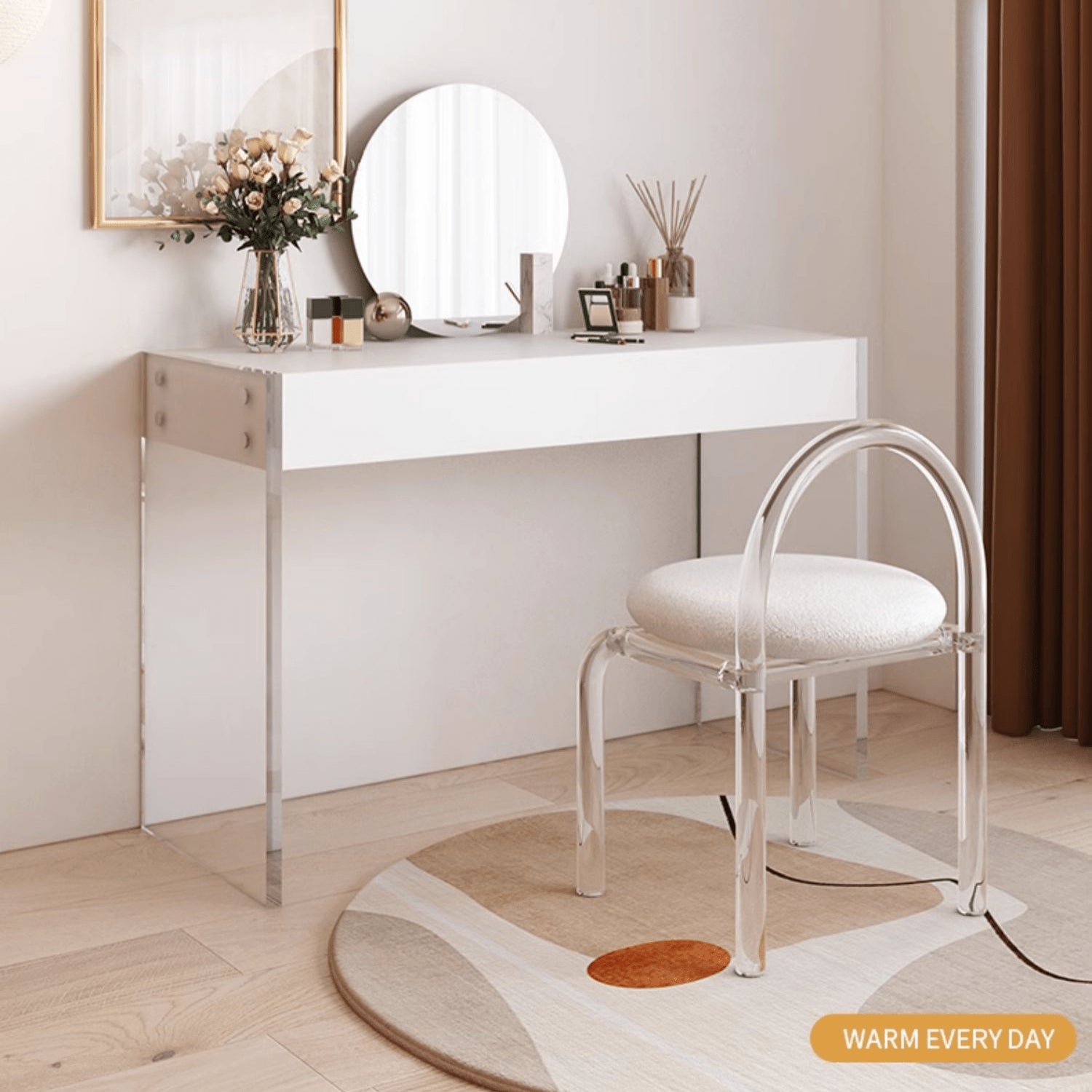 Modern White Vanity Stool with Back Velvet Upholstered Acrylic Chair for Bedroom  yw-186