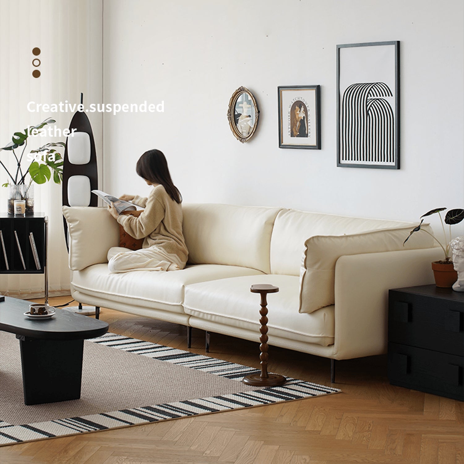 Modern Techno Fabric Sofa in Black, Light Brown, and White - Contemporary Elegant Design yw-196