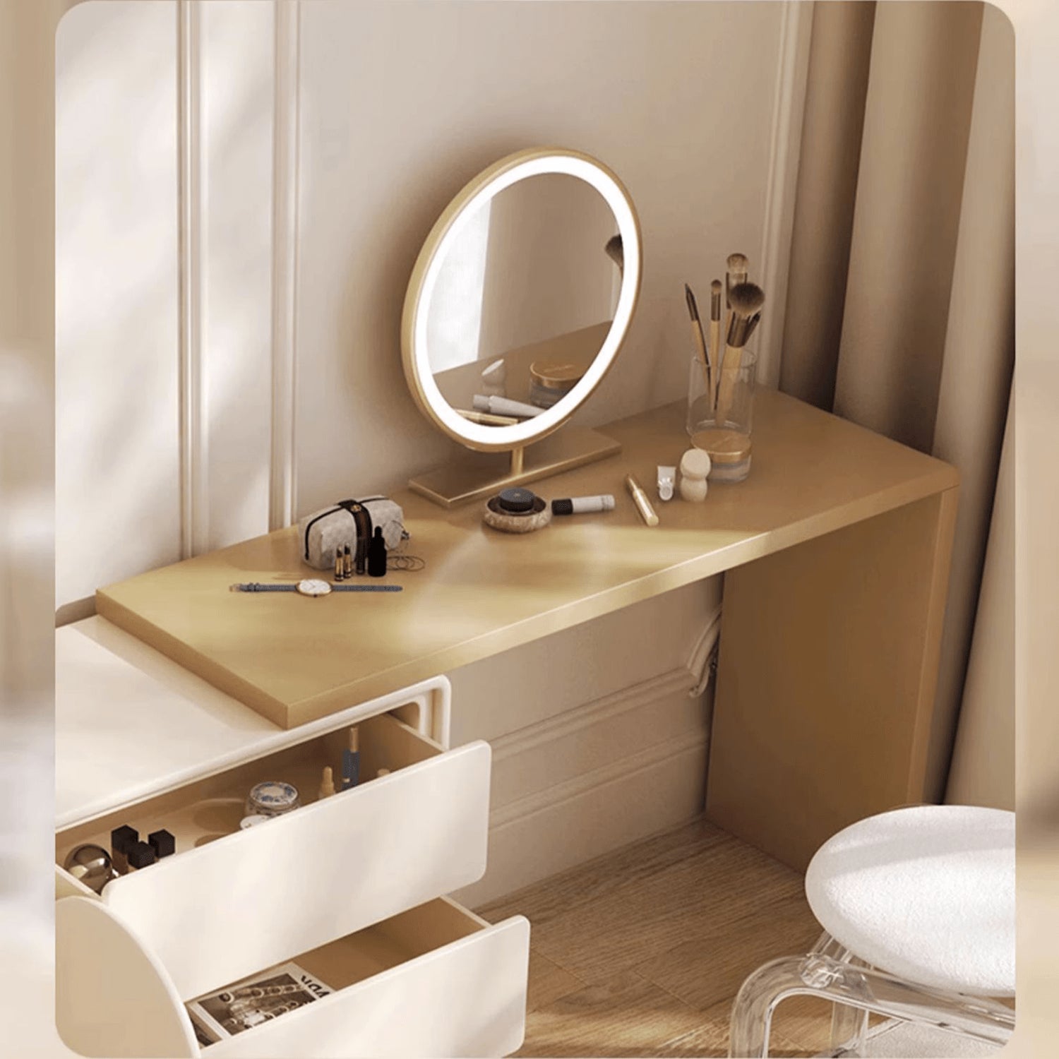 Chic Off White Makeup Vanity with Natural Wood Finish & Particle Board Construction yw-200