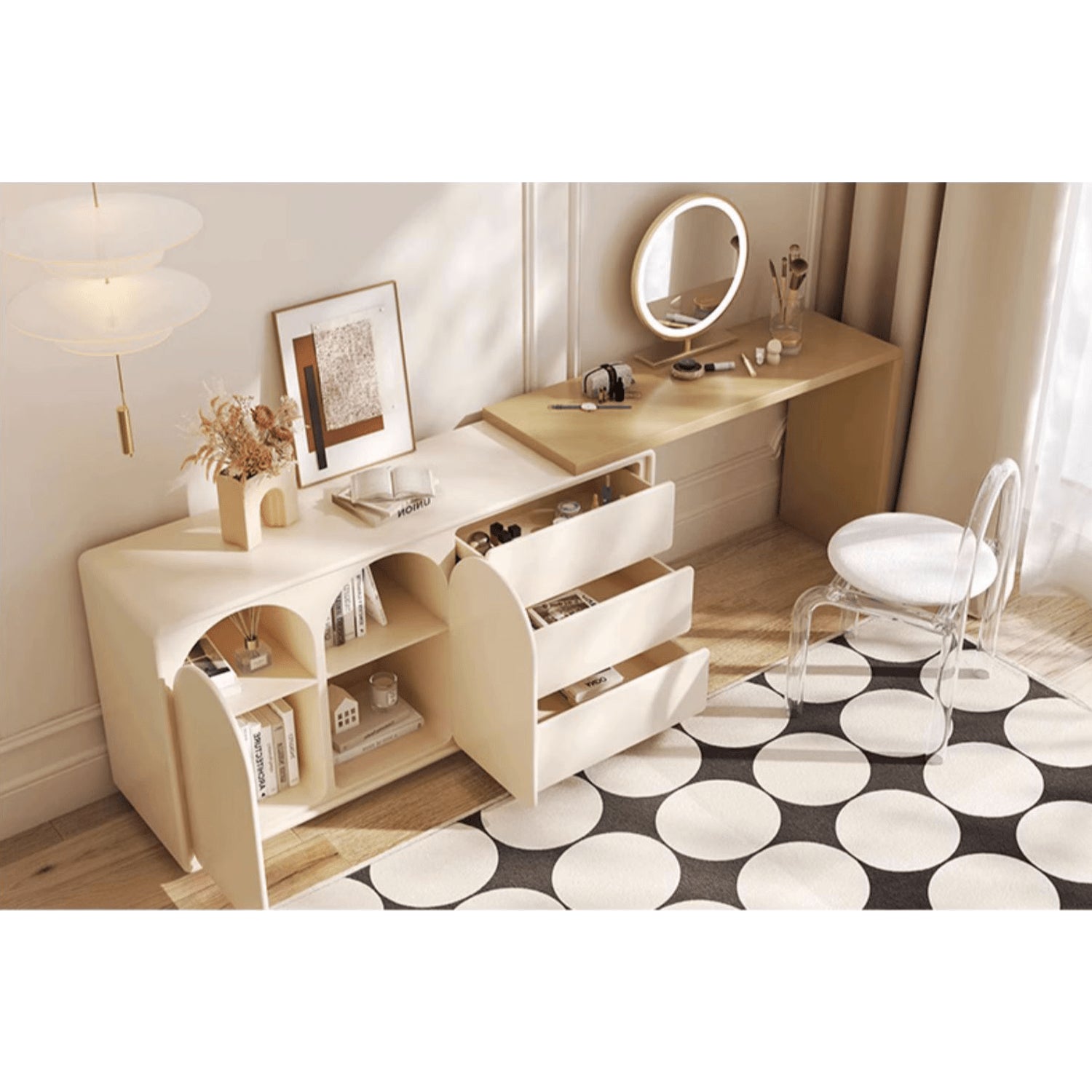 Chic Off White Makeup Vanity with Natural Wood Finish & Particle Board Construction yw-200