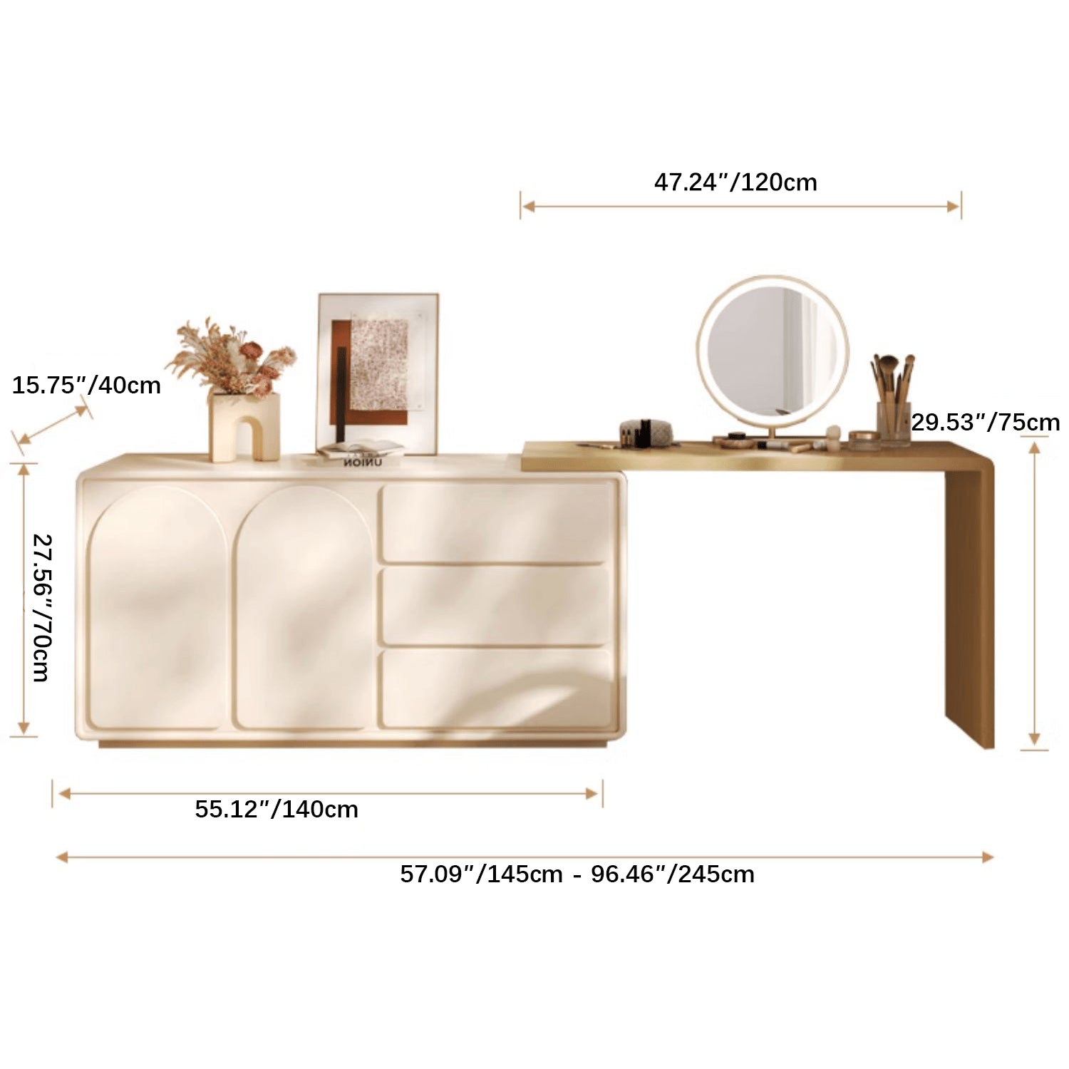 Chic Off White Makeup Vanity with Natural Wood Finish & Particle Board Construction yw-200