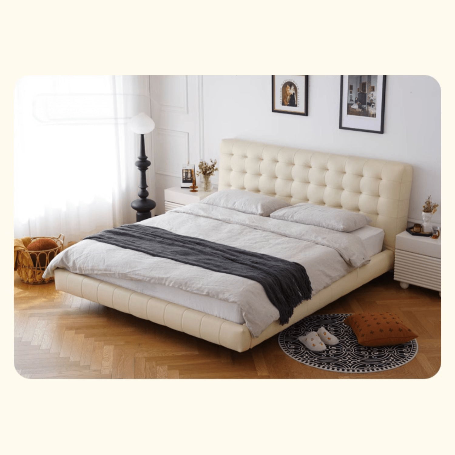 Luxurious Cal King Leather Bed with Beech Wood Frame & Upholstered Headboard for Bedroom yw-201