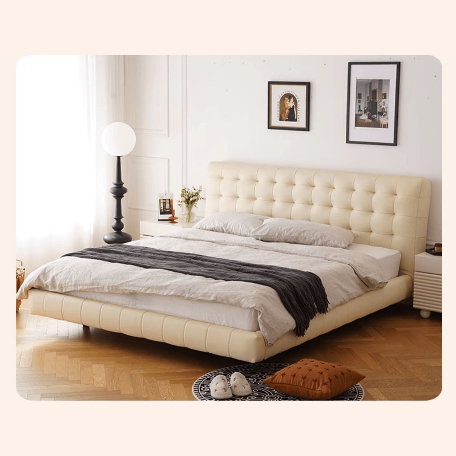 Luxurious Cal King Leather Bed with Beech Wood Frame & Upholstered Headboard for Bedroom yw-201