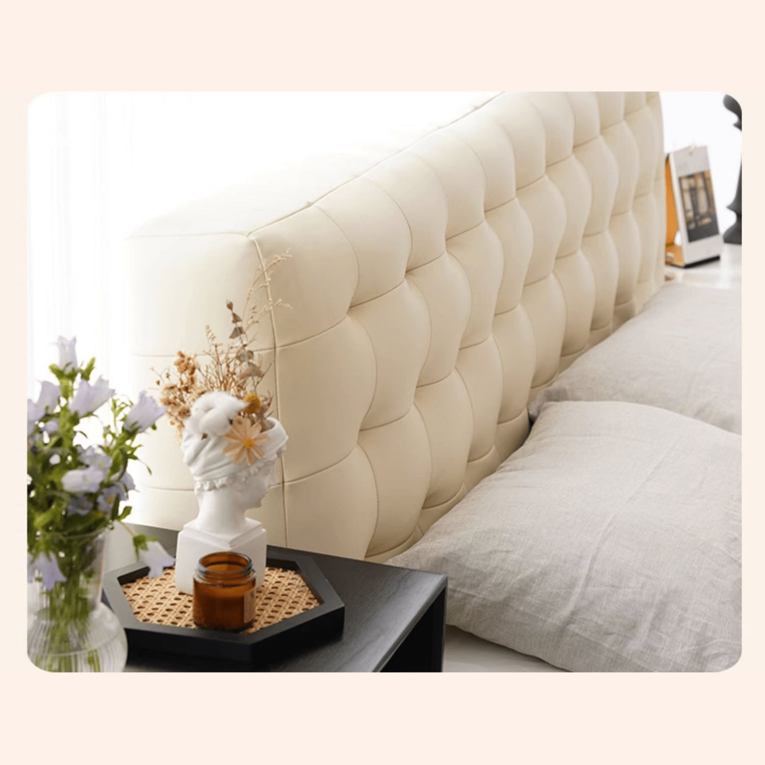 Luxurious Cal King Leather Bed with Beech Wood Frame & Upholstered Headboard for Bedroom yw-201