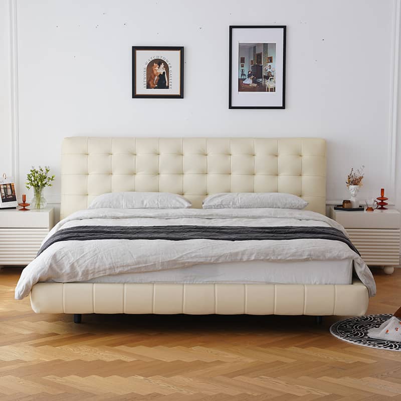 Luxurious Cal King Leather Bed with Beech Wood Frame & Upholstered Headboard for Bedroom yw-201