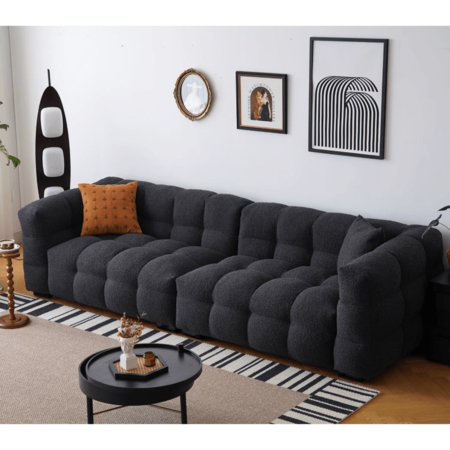 Modern Sofa with Black Faux Lambswool and White Pine Frame yw-218