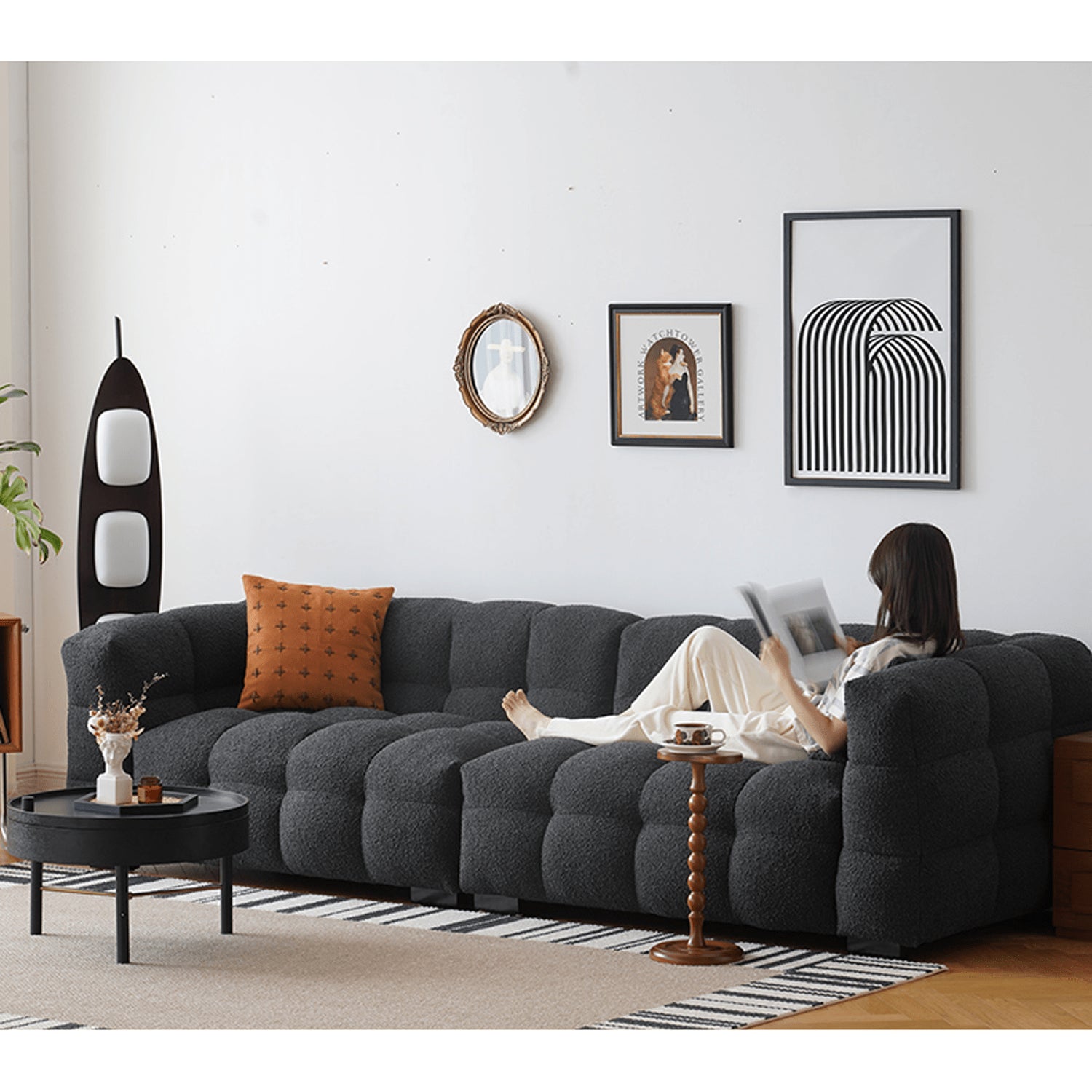 Modern Sofa with Black Faux Lambswool and White Pine Frame yw-218