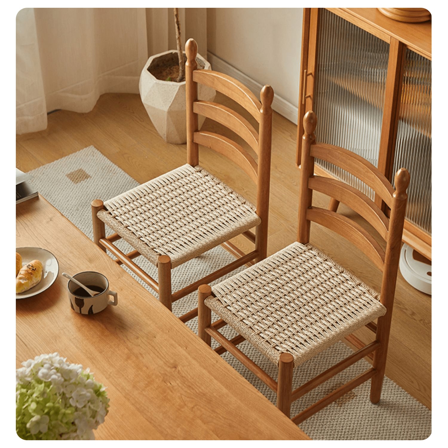 16.1‘’ Modern Oak Wood Dining Chair with Rope Weaving Seat for Diningroom yw-230