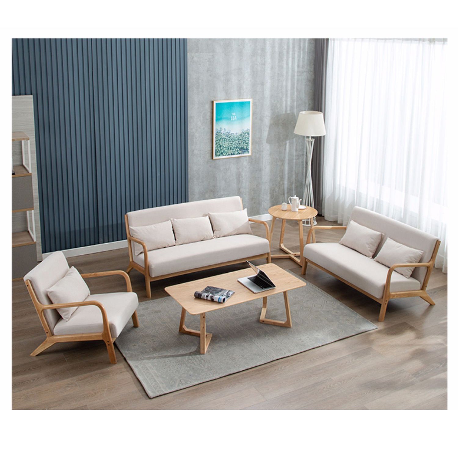 Stylish Gary Off-White Sofa with Blue, Brown, and Green Accents - Durable Rubber Wood Frame and Cotton-Ramie Blend Upholstery zsjj-97